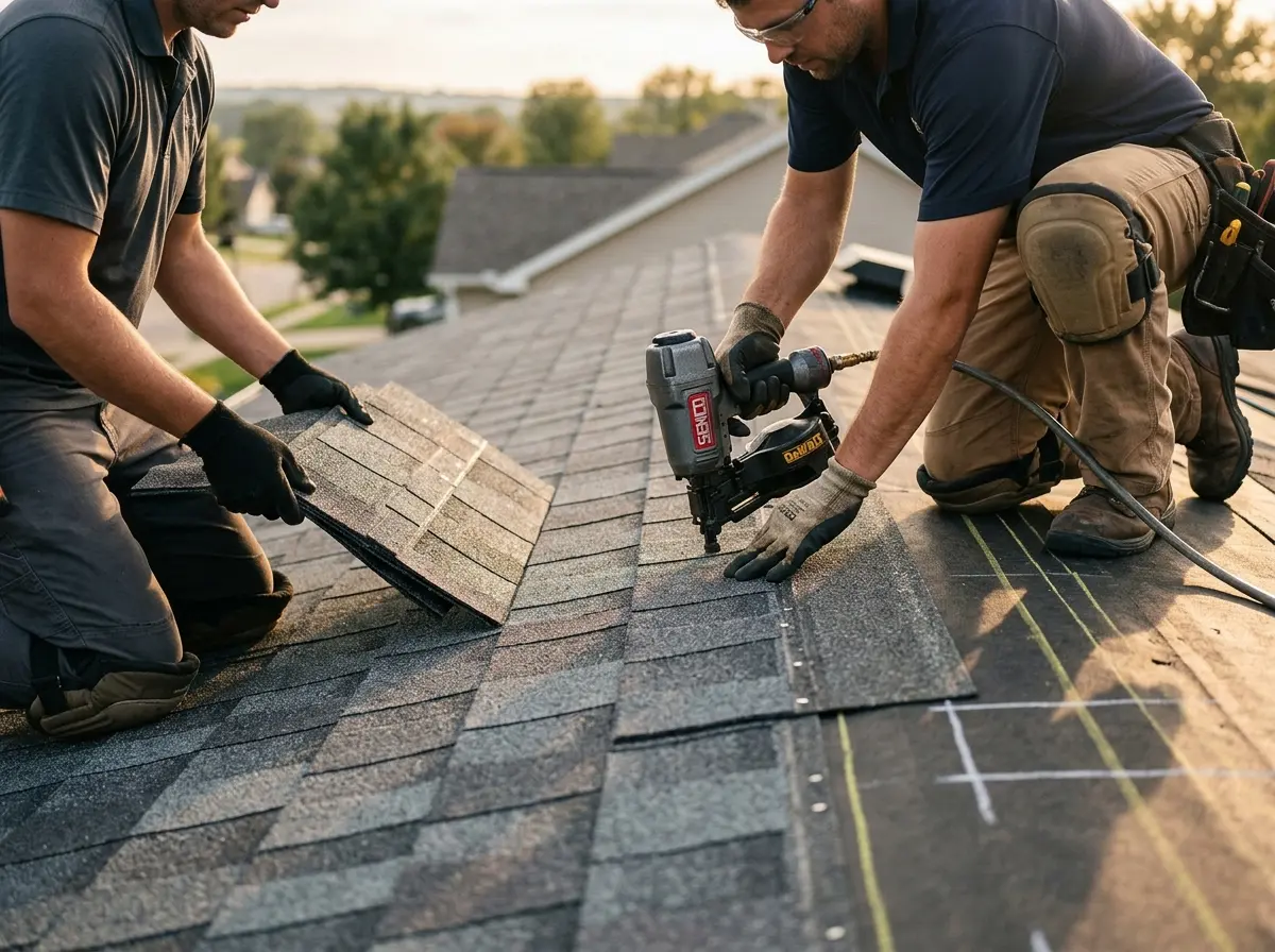 Professional roofer working on a residential roof in Tittabawassee